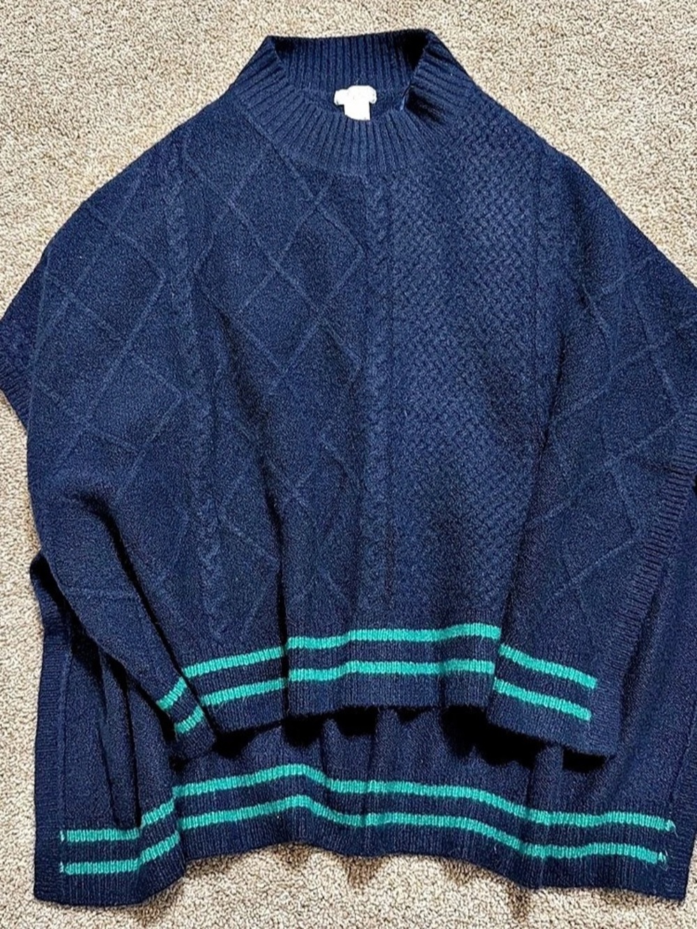 Free People vintage - Women navy knitted ponchos with green stripes on the botto